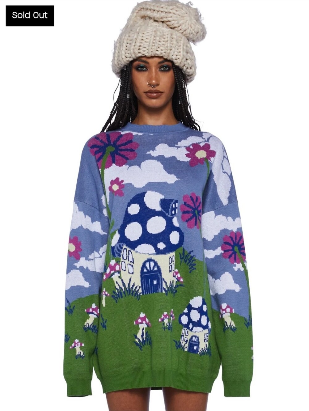 Whimsical Mushroom Scene Knit Sweater - Blue & Green